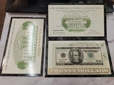 $20 1996 Federal Reserve Note AD OOOO3677 A ~ Low Numbered UNC $20 Note - Image 1 of 4