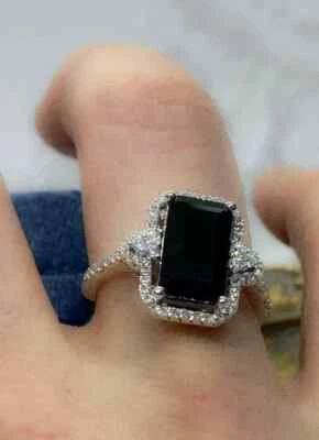 3 Ct Emerald Lab-Created Black Spinal Halo Engagement Ring 14K White Gold Plated - Image 1 of 4