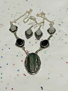 Black Slate & Moonstone Gemstone 925 Sterling Silver Jewelry Matching Earrings - Picture 1 of 10