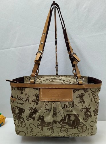 Borsa Coach cavallo e carrozza marrone tela bordo pelle chiusura cerniera tote bag