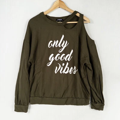 Sudadera Express Mujer XS Verde Oscuro Solo Buenas Vibraciones Gráfico Hombro Frío Foto 1 de 4