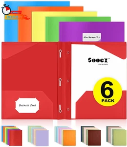 Folders with Pockets, 6 Pack, Heavy Duty, File Folders with Prongs, 2 Pocket Fol - Picture 1 of 12