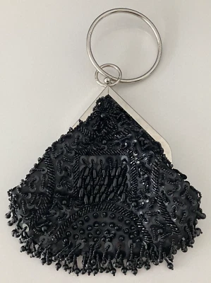VINTAGE STYLE - BLACK EVENING SEQUINED AND BEADED WRIST BAG - image 1 of 4