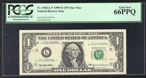FR. 1925-L* 1999 $1 *STAR* FRN SAN FRANCISCO, CA PCGS GEM UNCIRCULATED-66PPQ (D) - Picture 1 of 2