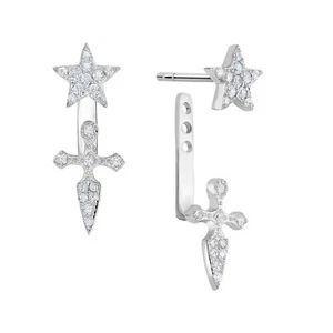 925 Sterling Silver Star & Cross CZ Ear Jacket Earrings Front-Back 2 in 1 Studs - Picture 1 of 5