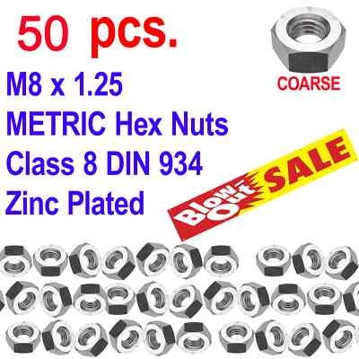 KG USA M8 - 1.25 METRIC Hex Nuts Class 8 DIN 934 Zinc Plated - 50pcs