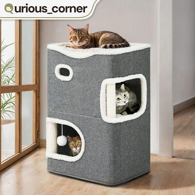 2 Tier Indoor Cat House Condo Activity Center w/ Hammock Bed & Scratching Post - Image 1 of 4