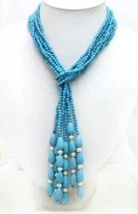 4mm Round Natural Blue TURQUOISE Necklace for Women 3 Strands Long Necklace 45" - Picture 1 of 4