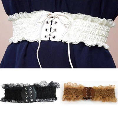 Women Ladies Girls Lace Faux Leather Waistband Elastic Stretch Corset Waist Belt - Image 1 of 4