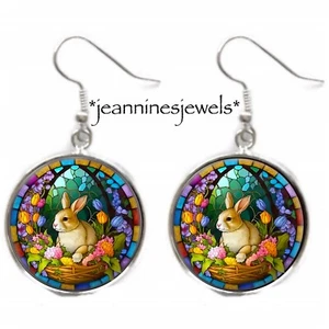 Easter Bunny EARRINGS Faux Stained Glass Art Silver Charm Dangle Easter Gift - Picture 1 of 13