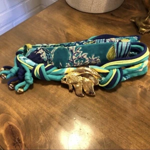 Vintage 80’s Nautical Beachy Turquoise Blue Fabric Women’s Belt Gold Metal Fish - Picture 1 of 6