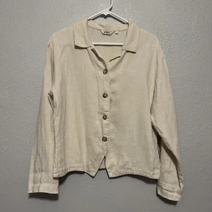RIKI 100% linen ivory Lagenlook button up collared shirt womens size medium - Picture 1 of 5