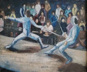 Belle huile Sur Toile " Scène D'assaut Escrime" Signé Compétition - Imagen 1 de 11