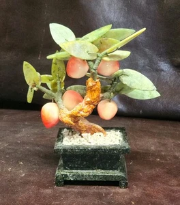 Vintage Hand-Carved Jade Peach Tree in Planter, EUC, 7.5" Tall,  - Picture 1 of 9