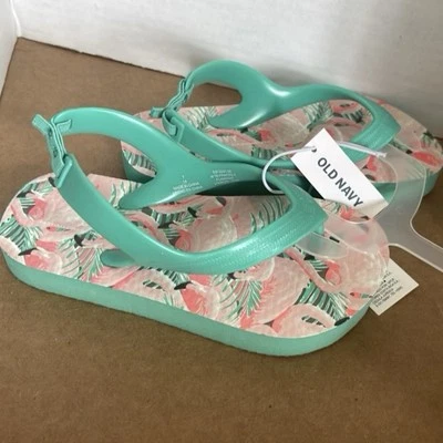 全新 Old Navy 学步女孩 7 人字拖 粉色 TEAL 火烈鸟凉鞋 — 第 1/2 张图片