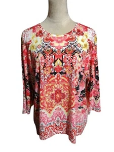 Allison Daley Top SZ XL Asian Print Orange Red Yellow White Beaded 3/4 Sleeves - Picture 1 of 13