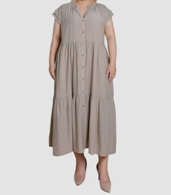 NY Collection Women's Beige Short Sleeve Slubbed MIDI Dress Plus Size 1X - Image 1 of 2