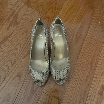 Stuart Weitzman Platform Peep Toe Pumps Womens 7 Tan Snakeskin Heels Casual Chic - Image 1 of 4
