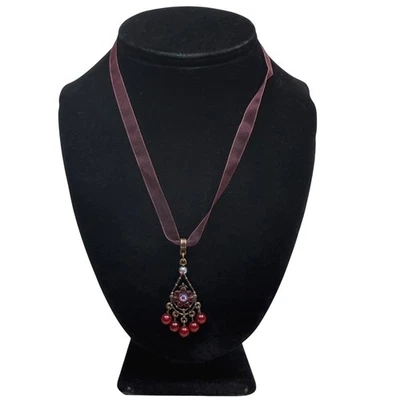 1928 Rhinestone Red Bead Pendant Choker Necklace Ribbon Fashion Jewelry 9.5 in L - Image 1 of 4
