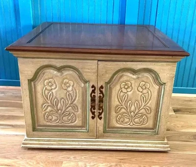 Vintage Hekman Record Cabinet with Carved Floral Doors -Cream with Green Accents - Image 1 of 4