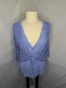 Pretty Angel Womens M Blue Linen Blend Layered Lace Tie Top - Picture 1 of 8