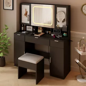 Vanity Desk with Mirror Power Outlet LED Lights Makeup Table 2 DIY Pegboards - Picture 1 of 24