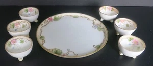 7 PEZZI SALI APERTI E VASSOIO PORCELLANA NIPPON VINTAGE BIANCO ROSA E VERDE - Foto 1 di 7