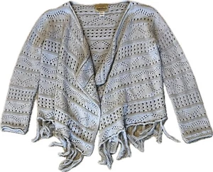 Roebuck & Co Girls Cardigan Sweater Sz M (10-12) Gray Open Knit Fringe Hem - Picture 1 of 6