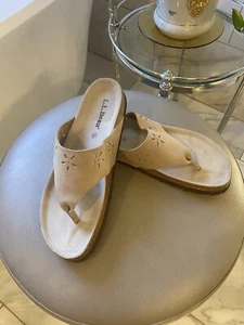 LL Bean Women’s Beige/Tan Suede Flip Flop Cork Sandals Size 9.5 - Picture 1 of 4