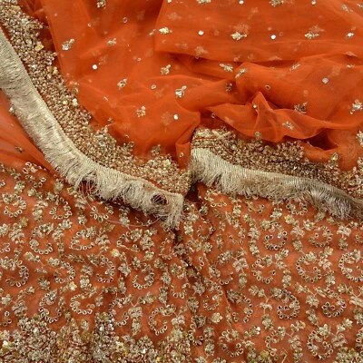Vintage Bridal Heavy Orange Dupatta Net Mesh Long Stole Hand Embroidered Scarves - Image 1 of 4