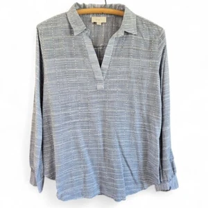 Loft Outlet Womens Medium Denim Plaid Cotton Tunic Top Long Sleeve V-Neck Collar - Picture 1 of 7