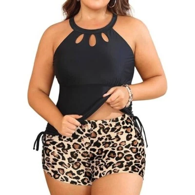Traje de baño Aqua Eve Tankini estampado de leopardo pantalones cortos conjunto de 2 piezas talla grande 20W Foto 1 de 4