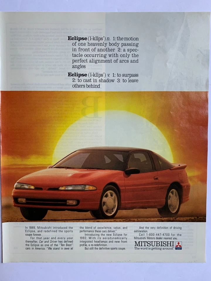 Anuncio impreso 1992 Mitsubishi Eclipse Red Desert Scene fondo de sol grande Foto 1 de 1