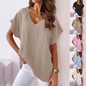 Womens Short Sleeve Summer V-Neck Cotton Linen T-Shirt Ladies Casual Solid Top - Picture 1 of 11