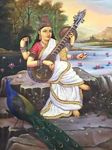 Pintura artística sobre lienzo de la diosa Saraswati pintada a mano obra de arte religiosa hindú - Imagen 1 de 4