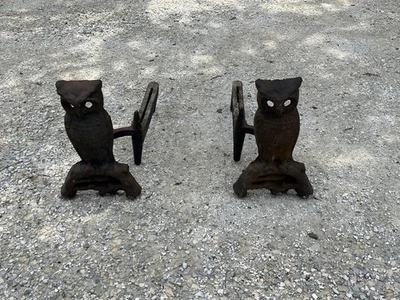 Antique Cast Iron Owl Andirons Pair Fireplace - 14" Tall x 19" Deep - Image 1 of 4