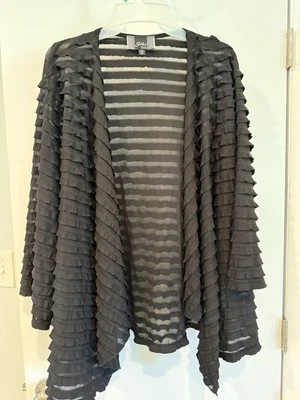 Slinky Women’s Sz 1X Black Semi Sheer Ruffled Open Front Cardigan USA Cover Up - Image 1 of 4