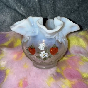 FENTON FRENCH OPALESCENT ON BASKETWEAVE HP STRAWBERRY ROSE BOWL VASE by N. Kuhne - Picture 1 of 4