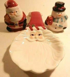 Table Decor Set Salt Pepper Shaker Spoon Rest Santa and Snowman Christmas New  - Picture 1 of 12