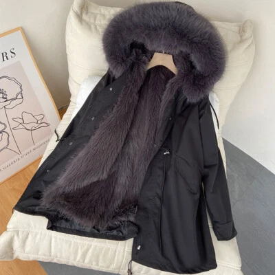 Winter New Women's Long Coat Faux Fur Lining Thicken Warm Fur Hooded Long Jacket - Image 1 of 4