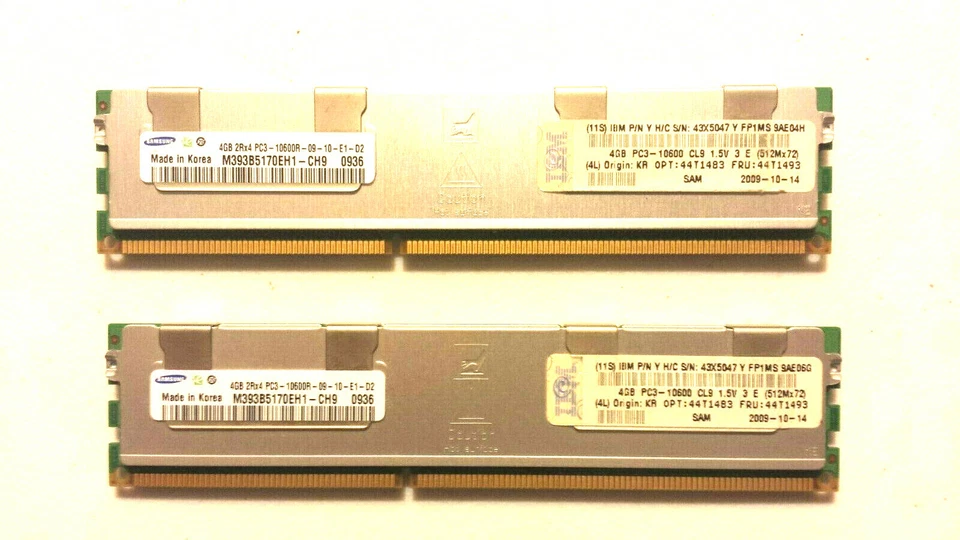 43X5047 IBM 8GB KIT (2 4GB dimms) 2RX4 PC3-10600R MEMORY  (44T1493) - Image 1 of 1