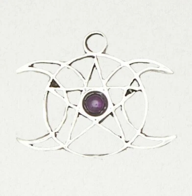 Pentáculo Triple Luna con Amatista Estaño Oculto Pagano Magia Plata Colgante Joyero Foto 1 de 2