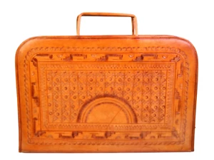 HANDCRAFTED TOOLED TAN BROWN REAL LEATHER LAPTOP HIDING HANDLES PAPER ORGANIZER - Picture 1 of 9
