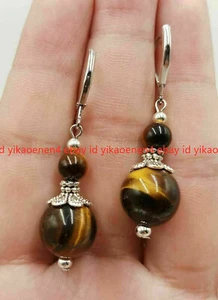 AAA+ 6-12mm Natural Yellow Tiger's Eye Round Beads Hook Earring - Picture 1 of 12