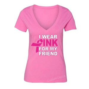 Breast Cancer awareness PINK for a Friend Ribbon support, Women V-neck T-shirt - Picture 1 of 2