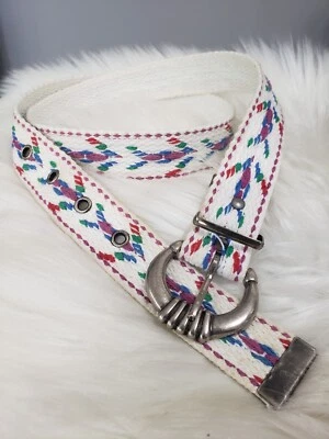 Cinturón Bordado Vintage Blanco Western Folk Boho Festival Mujer Hebilla Plateada Foto 1 de 4