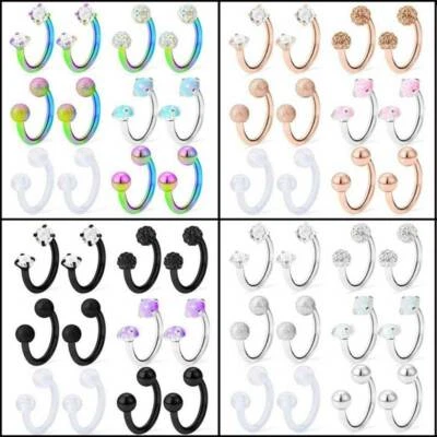 12pcs Nose Septum Rings Opal Crystal Horseshoe Ring Lip Helix Tragus Earring 16G - Image 1 of 4