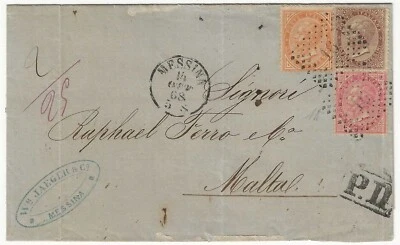 Regno - Affrancatura tricolore 10, 30 e 40 c. De La Rue su piego per Malta - Immagine 1 di 2