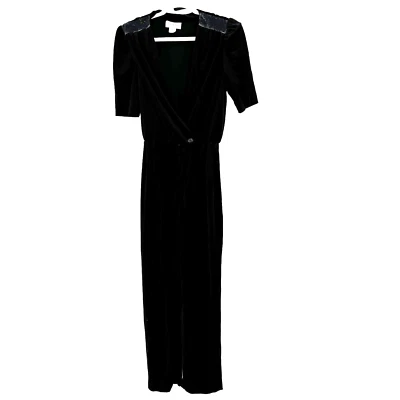 Vintage Velvet Velour Jumpsuit Women's Size 12 Black Retro 90s 80's Stretch USA - Image 1 of 4