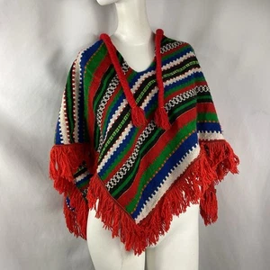 Handmade Poncho Wool Folkart Ethnic Hippy Boho Small Multicolor Fringe Tie Front - Picture 1 of 6